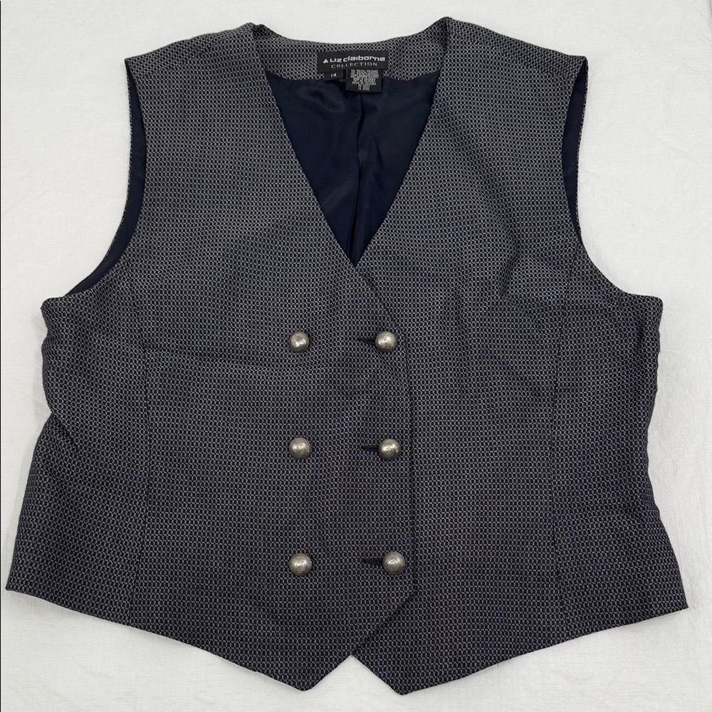 Liz Claiborne Collection Vest Wm 14 Blue Suit Career 90s Vintage Double Breasted